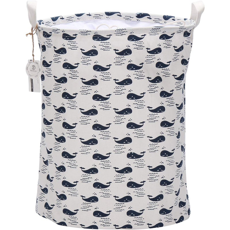 Sea Team 19.7" x 15.7" Large Sized Folding Cylindric Waterproof Coating Canvas Fabric Laundry Hamper Storage Basket with Drawstring Cover, Whale - Image 1